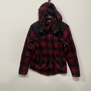 Eddie Bauer Women's Red Black Plaid Fleece Lined Hooded Jacket Size S‎